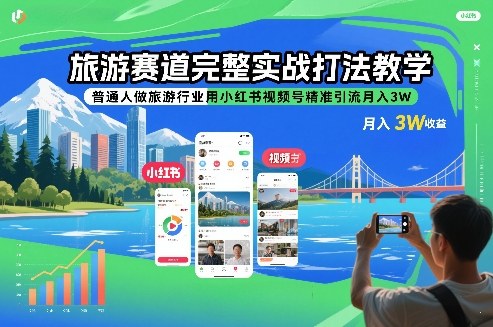 旅游赛道完整实战打法教学，普通人做旅游行业用小红书视频号精准引流月入3W-宇文网创