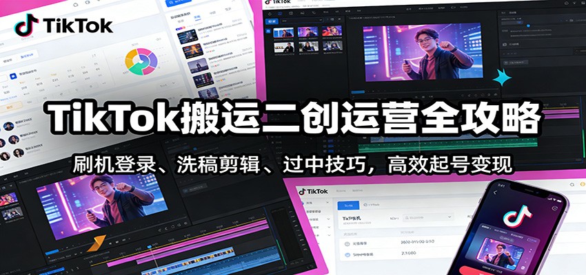 TikTok搬运二创运营全攻略：刷机登录、洗稿剪辑 、过中技巧，高效起号变现-宇文网创