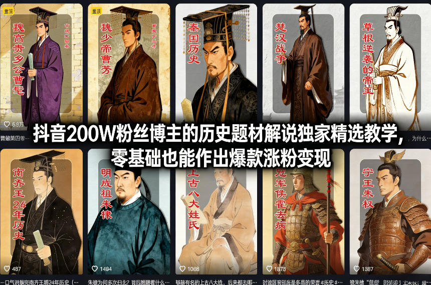 抖音200W粉丝博主的历史题材解说独家精选教学，零基础也能作出爆款涨粉变现-宇文网创