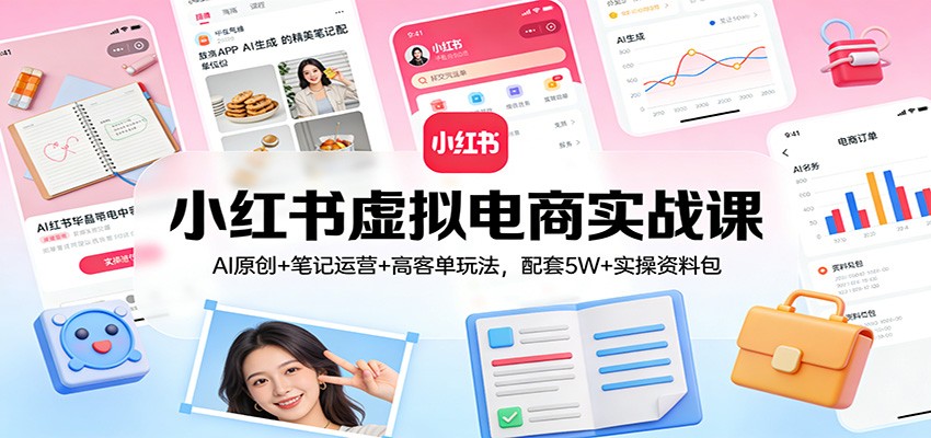 小红书虚拟电商实战课：AI原创+笔记运营+高客单玩法，配套5W+实操资料包-宇文网创