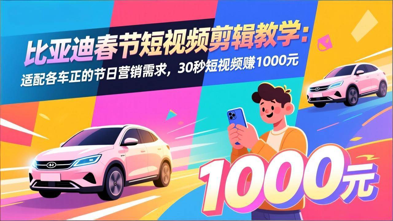 比亚迪春节短视频剪辑教学：适配各车企的节日营销需求，30秒短视频赚1000元-宇文网创