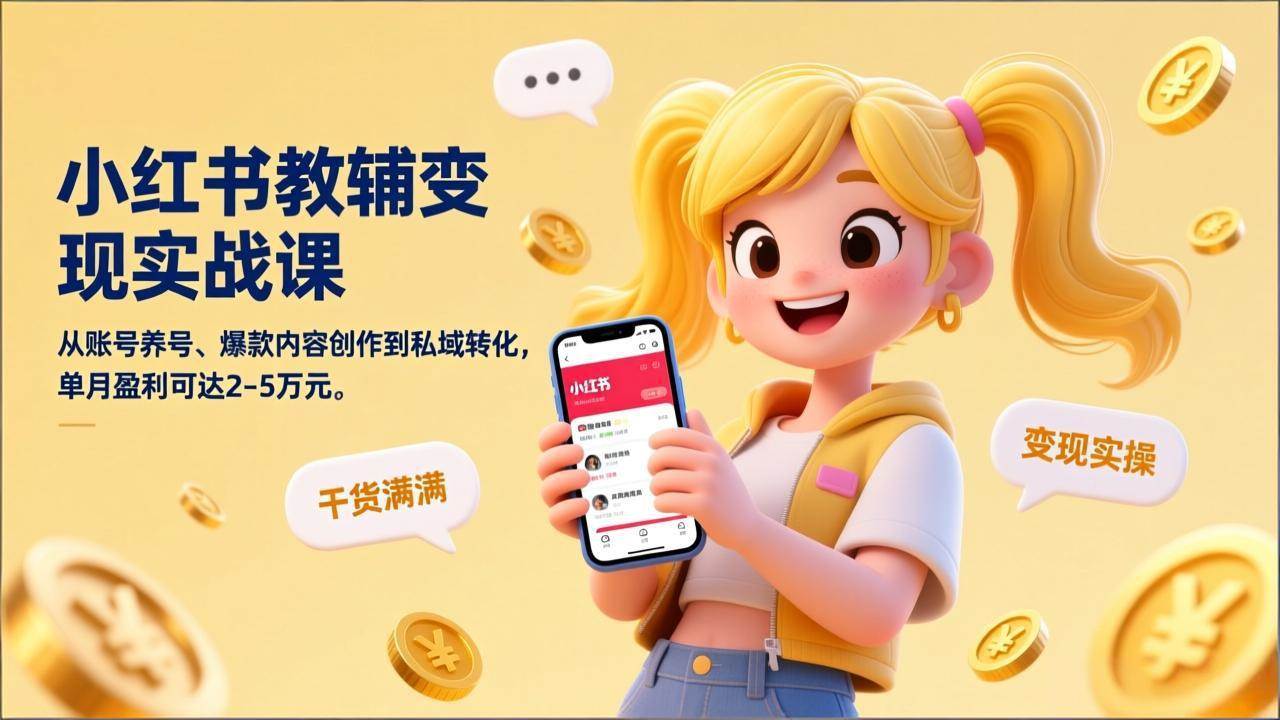 小红书教辅变现实战课，从账号养号、爆款内容创作到私域转化，单月盈利可达2-5万元-宇文网创