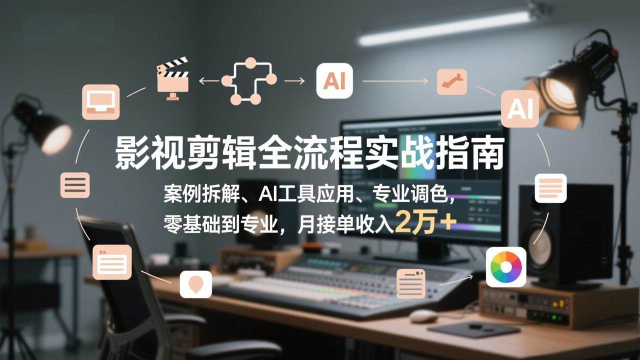 影视剪辑全流程实战指南，案例拆解、AI工具应用、专业调色，零基础到专业，月接单收入2万+-宇文网创