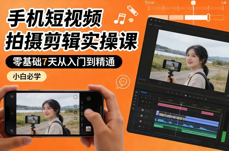 手机短视频拍摄剪辑实操课，零基础7天从入门到精通，小白必学-宇文网创