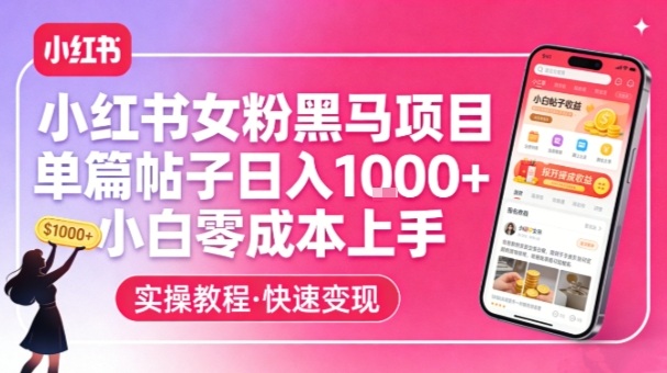 小红书女粉黑马项目，单篇帖子日入1k+，小白零成本上手-宇文网创